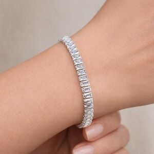 Swarovski Crystal Tennis Bracelet Baguette Sterling Silver Overlay Adjustable